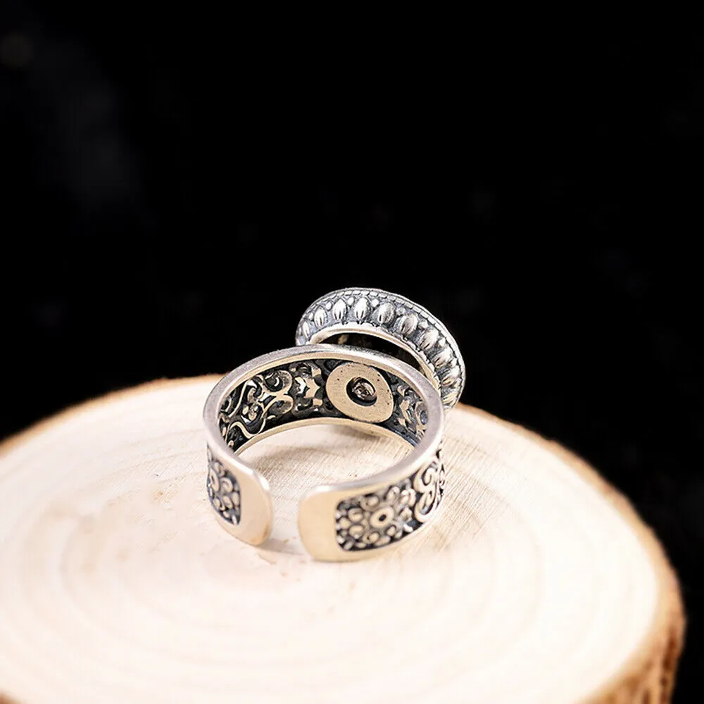 Real Solid 925 Sterling Silver Rings Om Mani Padme Hum Rotation Pierced Religions Fashion Jewelry Open Size Adjustable