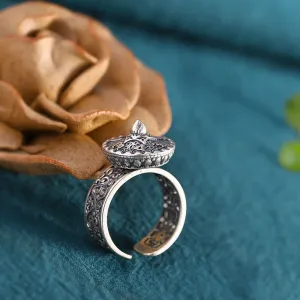 Real Solid 925 Sterling Silver Rings Om Mani Padme Hum Rotation Pierced Religions Fashion Jewelry Open Size Adjustable