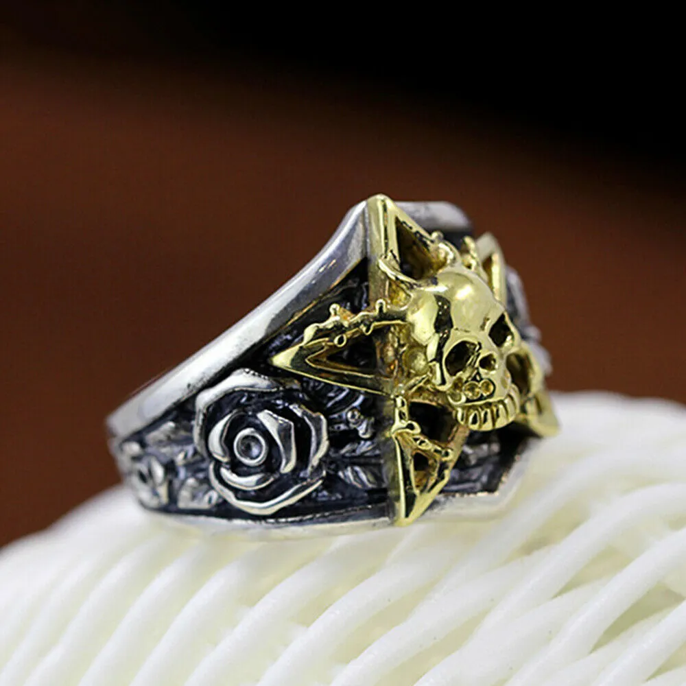 Real Solid 925 Sterling Silver Rings Skulls Rose Pentagram Punk Hip Hop Jewelry Size 8-10.5