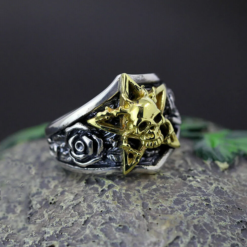 Real Solid 925 Sterling Silver Rings Skulls Rose Pentagram Punk Hip Hop Jewelry Size 8-10.5