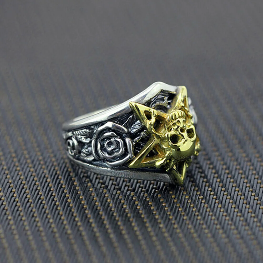 Real Solid 925 Sterling Silver Rings Skulls Rose Pentagram Punk Hip Hop Jewelry Size 8-10.5