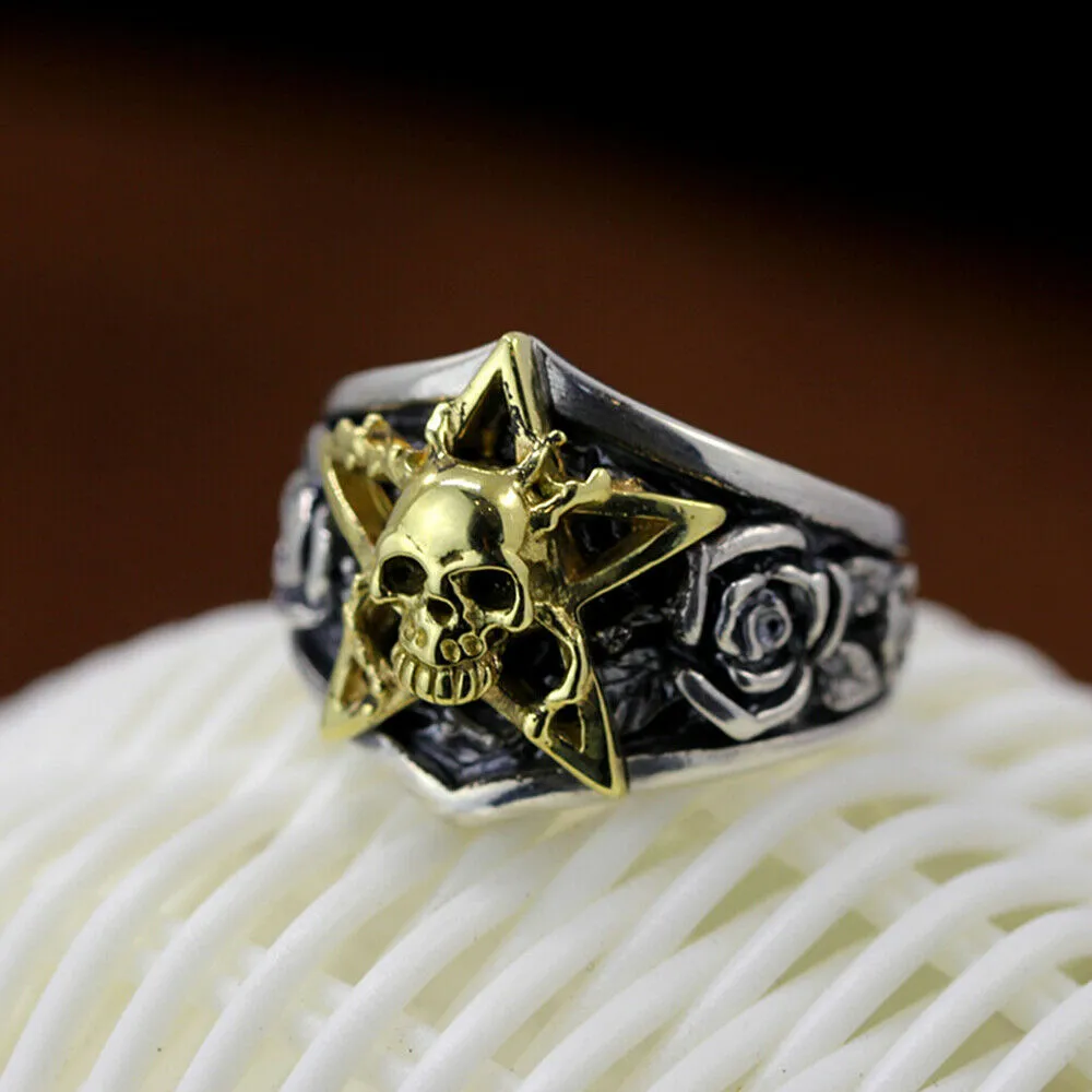 Real Solid 925 Sterling Silver Rings Skulls Rose Pentagram Punk Hip Hop Jewelry Size 8-10.5
