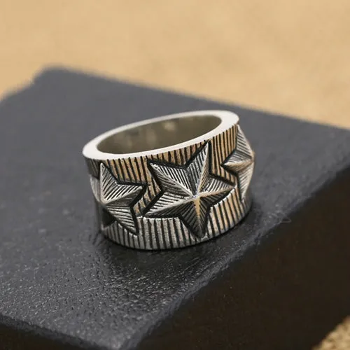 Real Solid 925 Sterling Silver Rings Striped Pentagram Star Men Punk Jewelry Size 7.5-10.5