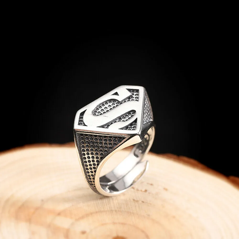 Real Solid 925 Sterling Silver Rings Superman Superhero Hip Hop Jewelry Open Size Adjustable