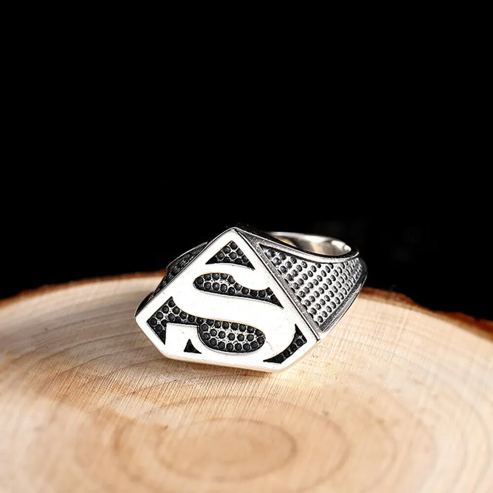 Real Solid 925 Sterling Silver Rings Superman Superhero Hip Hop Jewelry Open Size Adjustable