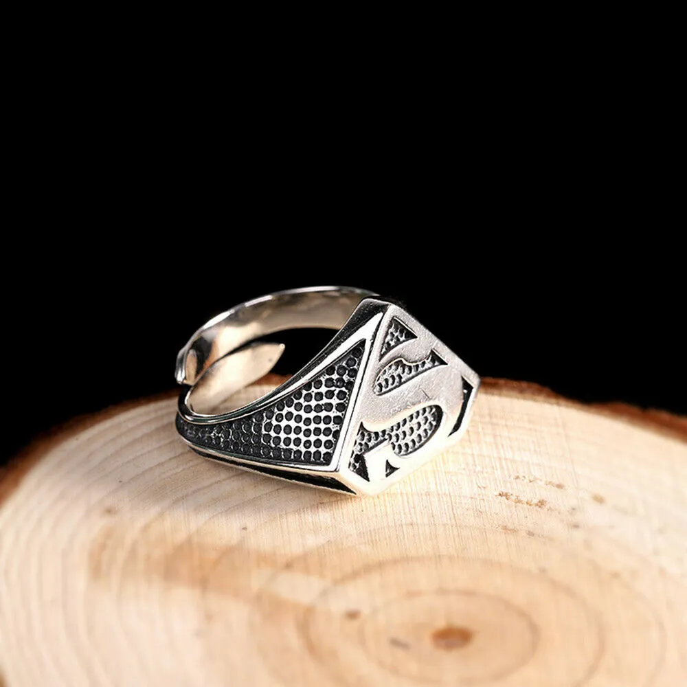 Real Solid 925 Sterling Silver Rings Superman Superhero Hip Hop Jewelry Open Size Adjustable