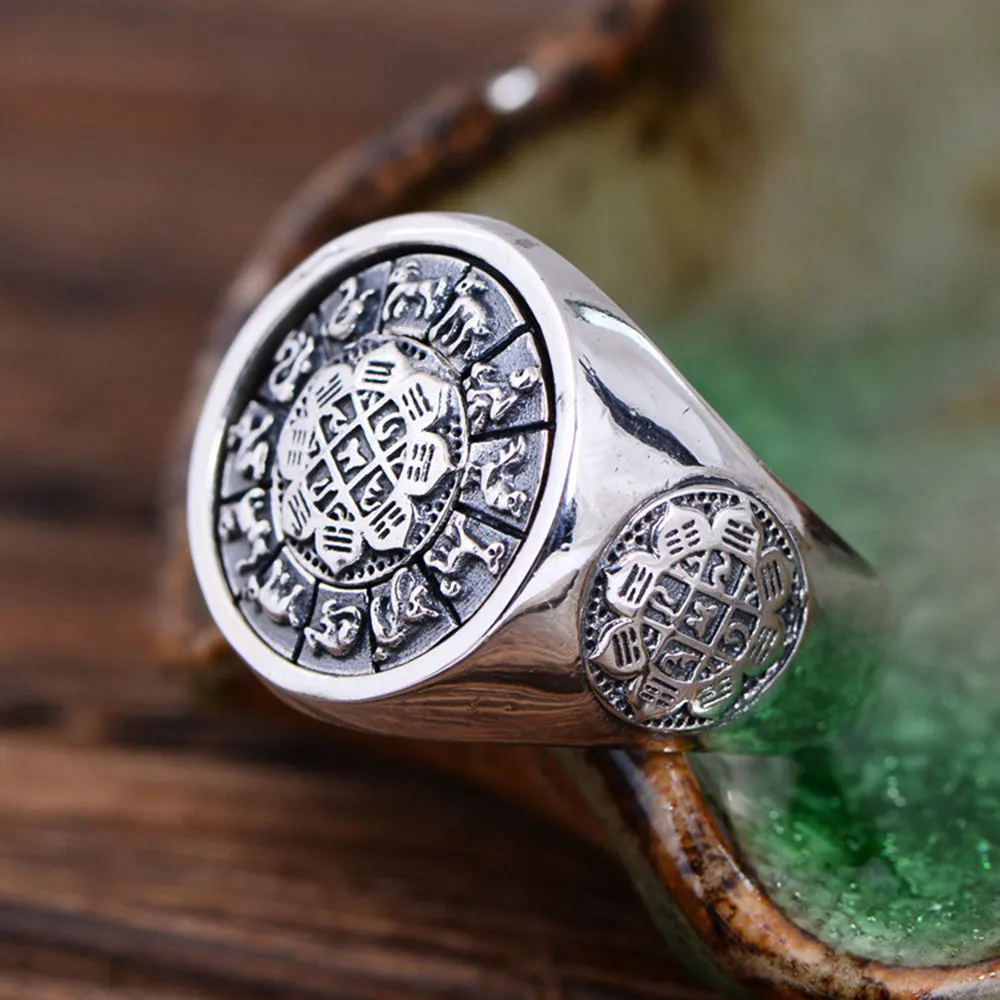 Real Solid 925 Sterling Silver Rings Twelve Zodiac Animals Rotation Fashion Punk Jewelry Size 8-11