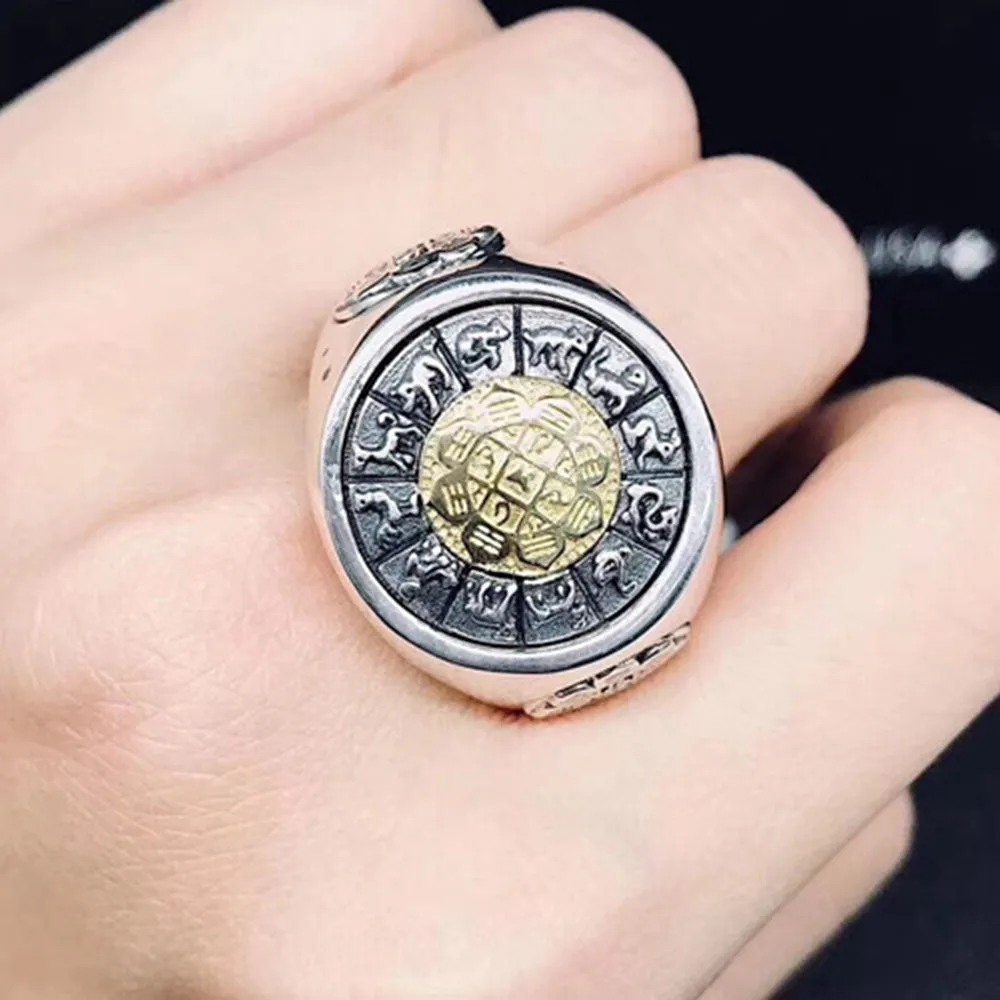 Real Solid 925 Sterling Silver Rings Twelve Zodiac Animals Rotation Fashion Punk Jewelry Size 8-11