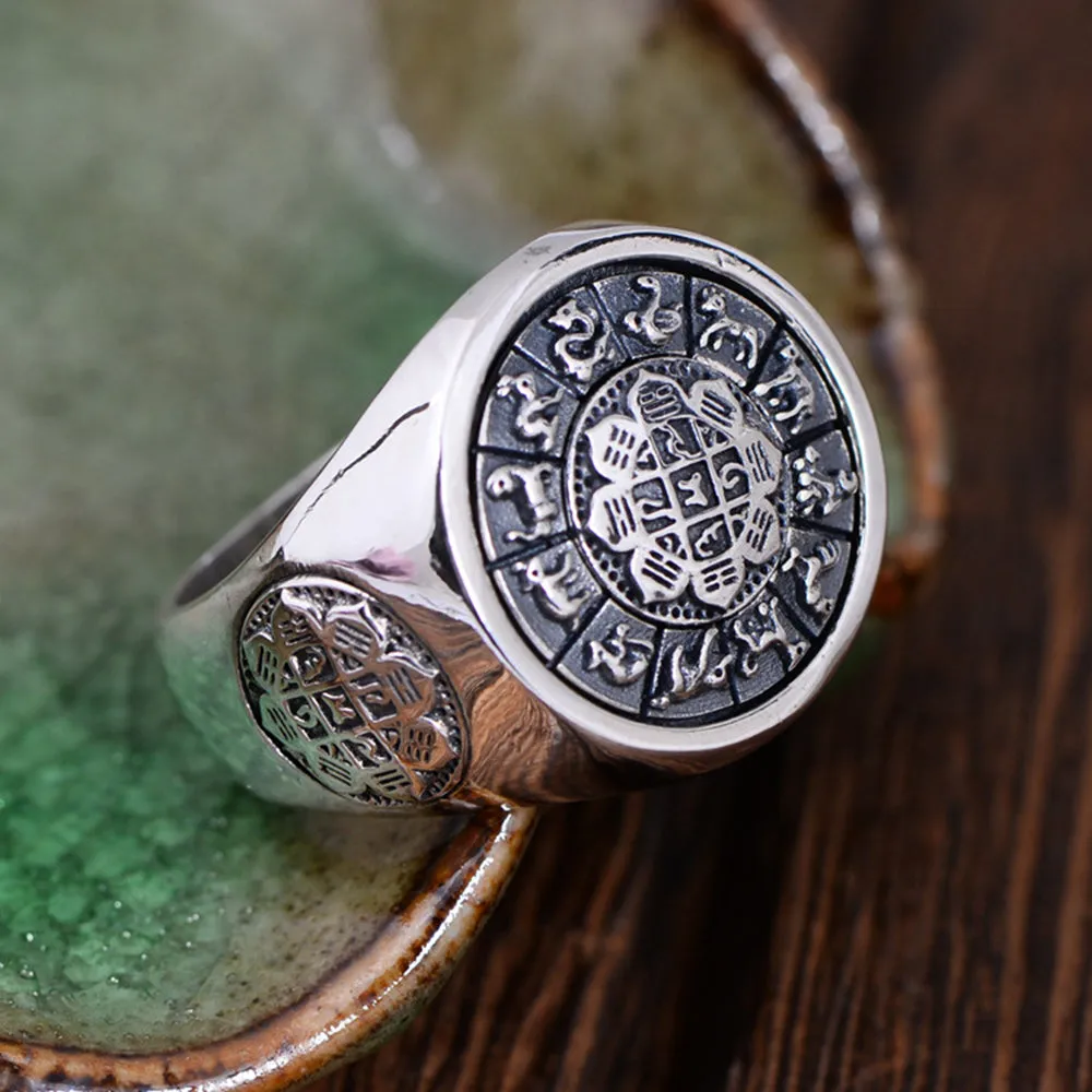 Real Solid 925 Sterling Silver Rings Twelve Zodiac Animals Rotation Fashion Punk Jewelry Size 8-11