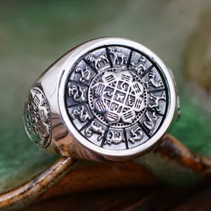 Real Solid 925 Sterling Silver Rings Twelve Zodiac Animals Rotation Fashion Punk Jewelry Size 8-11