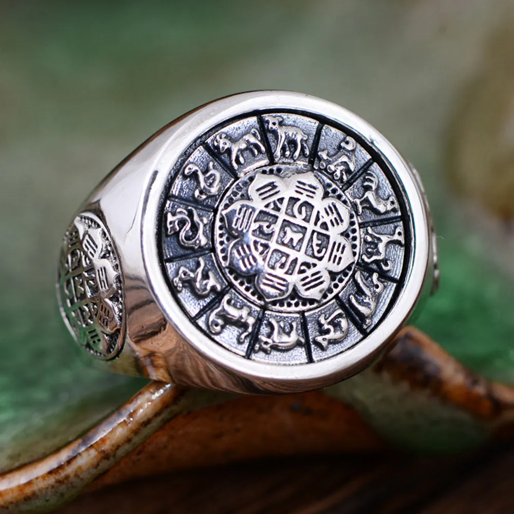 Real Solid 925 Sterling Silver Rings Twelve Zodiac Animals Rotation Fashion Punk Jewelry Size 8-11