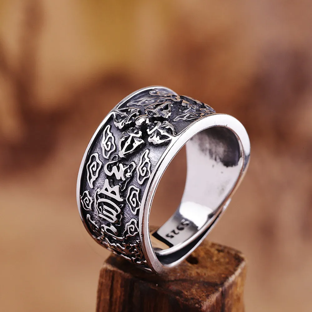 Real Solid 925 Sterling Silver Rings Vajra Om Mani Padme Hum Auspicious Clouds Fashion Luck Jewelry Open Size Adjustable