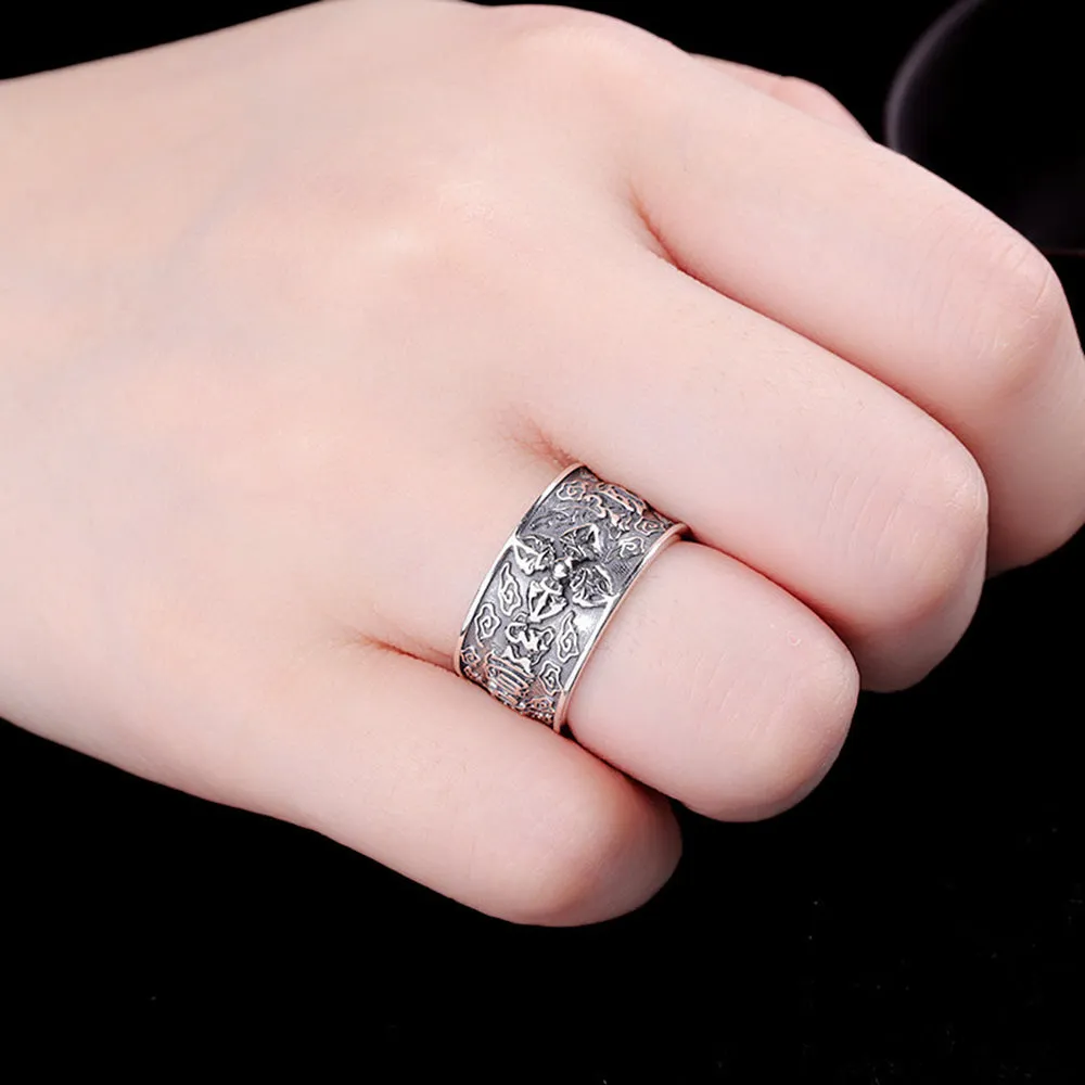 Real Solid 925 Sterling Silver Rings Vajra Om Mani Padme Hum Auspicious Clouds Fashion Luck Jewelry Open Size Adjustable