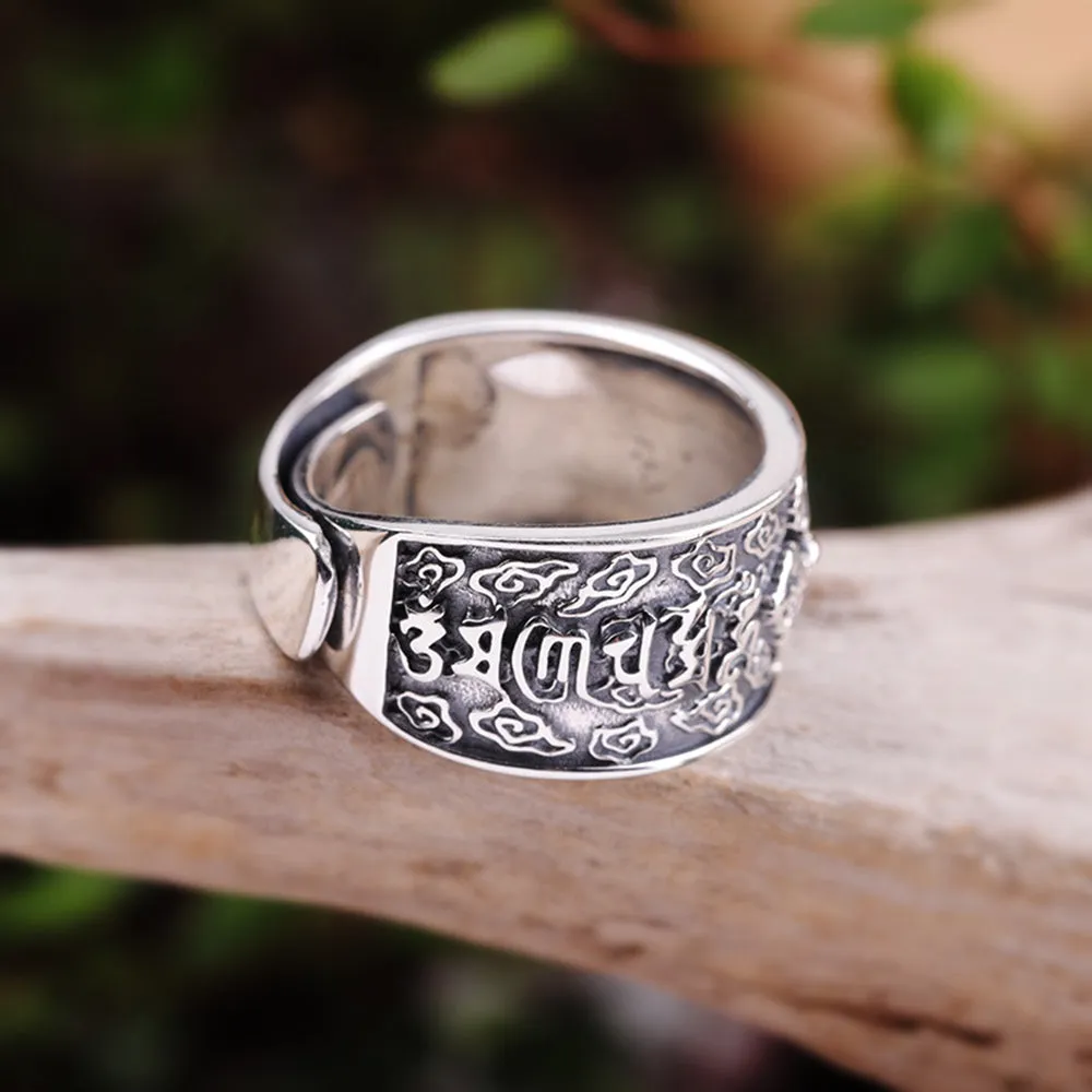 Real Solid 925 Sterling Silver Rings Vajra Om Mani Padme Hum Auspicious Clouds Fashion Luck Jewelry Open Size Adjustable