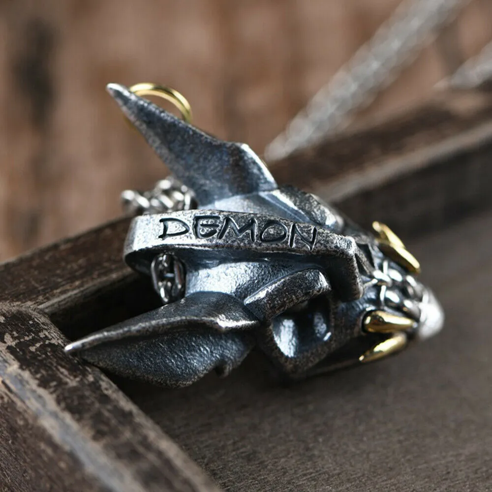 Real Solid 990 Fine Silver Pendants Demon Skull Men HipHop Punk Jewelry