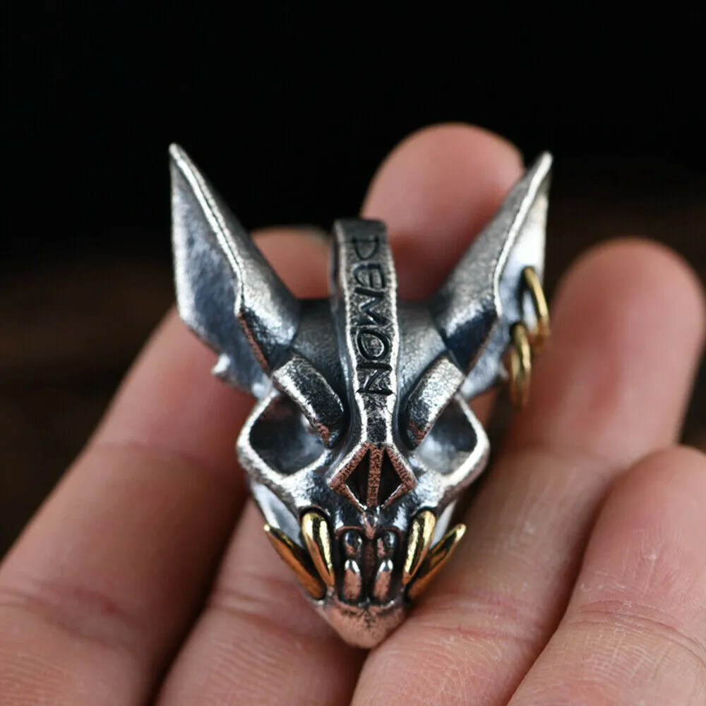 Real Solid 990 Fine Silver Pendants Demon Skull Men HipHop Punk Jewelry