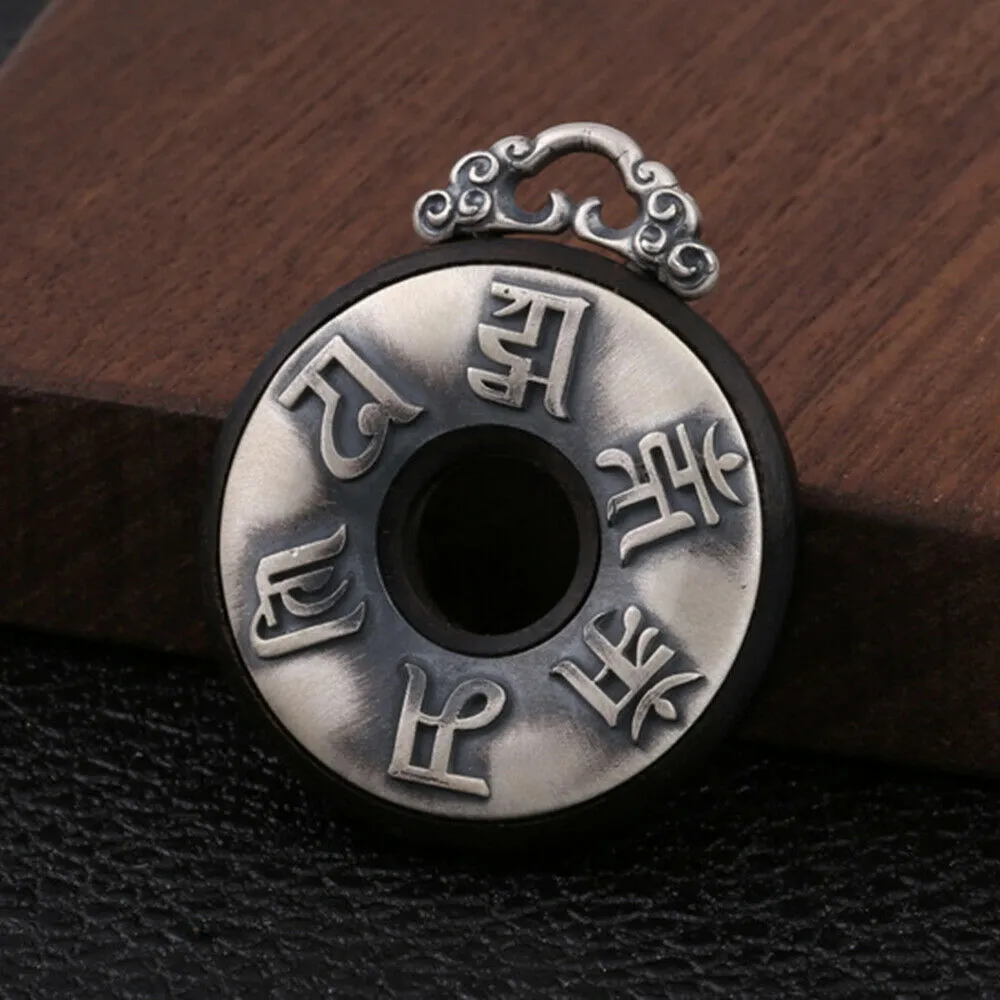 Real Solid 990 Fine Silver Pendants Ebony Om Mani Padme Hum Circle Protection Fashion Jewelry