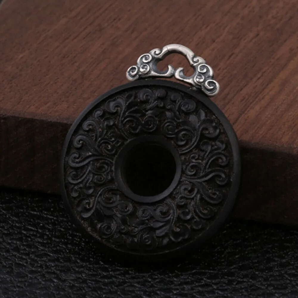 Real Solid 990 Fine Silver Pendants Ebony Om Mani Padme Hum Circle Protection Fashion Jewelry