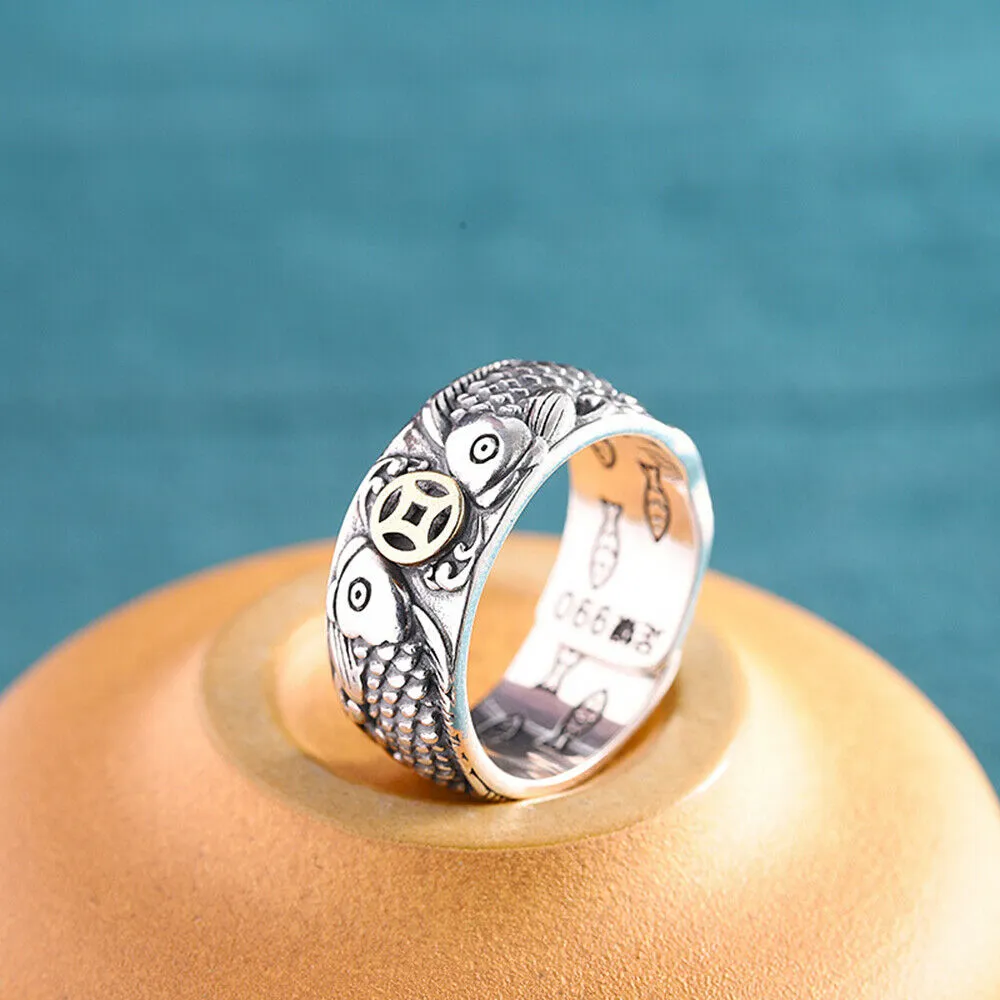 Real Solid 990 Sterling Silver Rings Fish Animals Coins Fashion Luck Jewelry Open Size