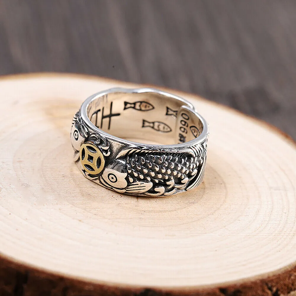 Real Solid 990 Sterling Silver Rings Fish Animals Coins Fashion Luck Jewelry Open Size