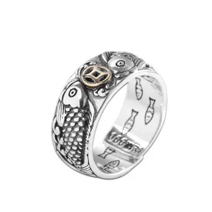 Real Solid 990 Sterling Silver Rings Fish Animals Coins Fashion Luck Jewelry Open Size