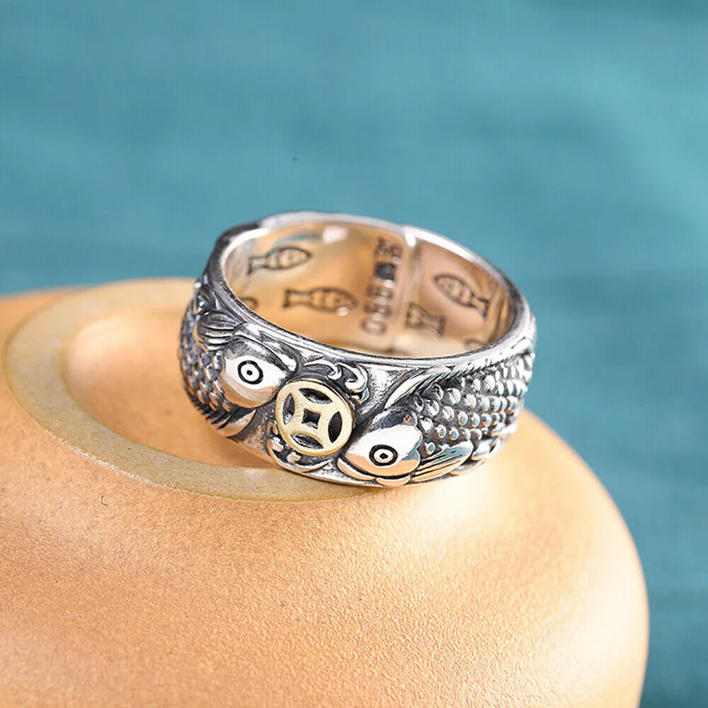 Real Solid 990 Sterling Silver Rings Fish Animals Coins Fashion Luck Jewelry Open Size