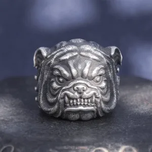 Real Solid 999 Sterling Silver Rings Bulldog Animals Gothic Punk Jewelry Open Size 8-10