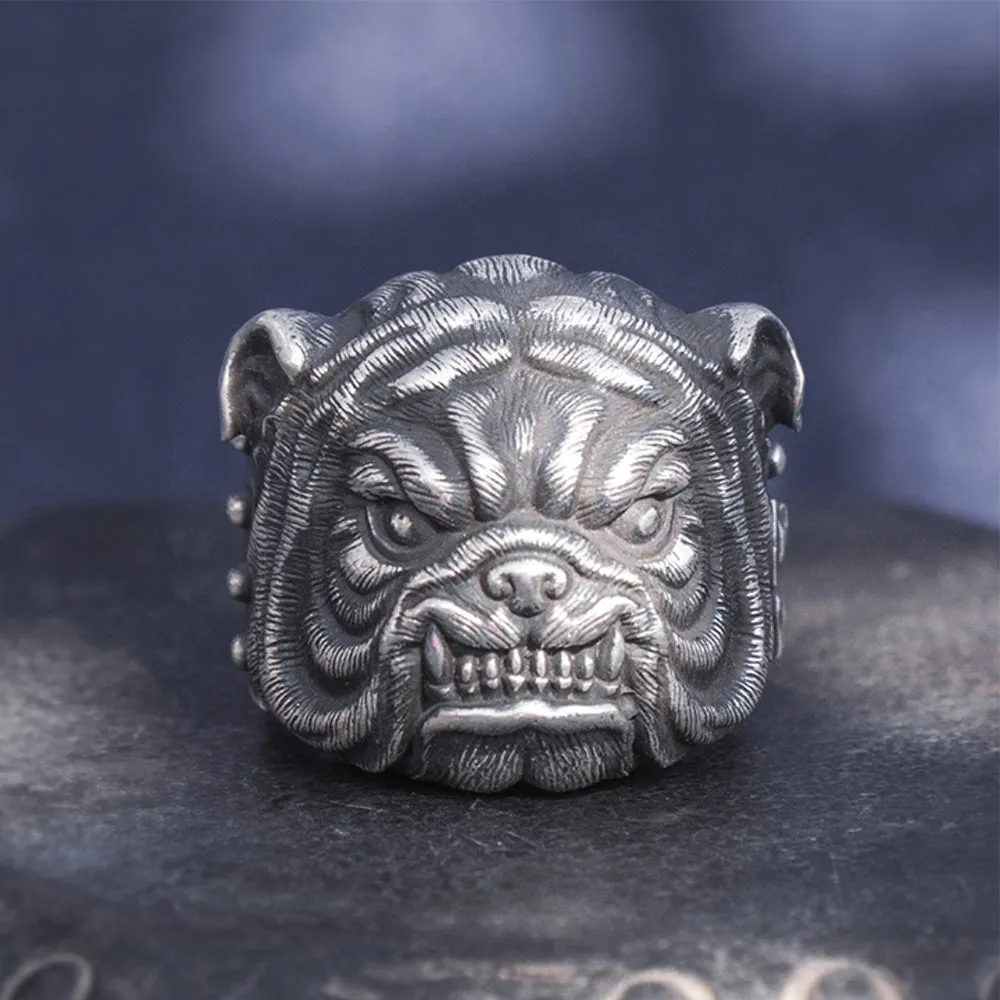 Real Solid 999 Sterling Silver Rings Bulldog Animals Gothic Punk Jewelry Open Size 8-10