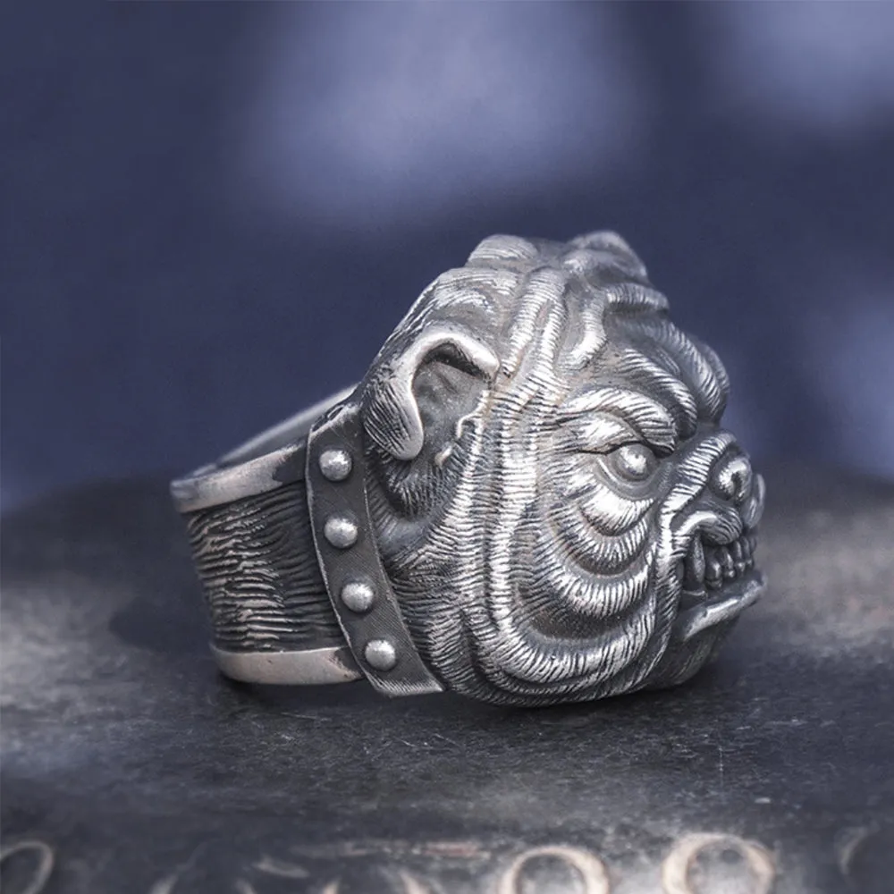 Real Solid 999 Sterling Silver Rings Bulldog Animals Gothic Punk Jewelry Open Size 8-10