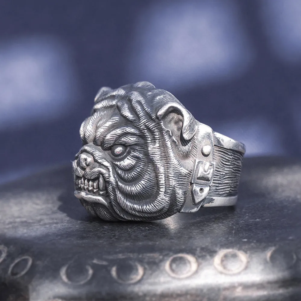 Real Solid 999 Sterling Silver Rings Bulldog Animals Gothic Punk Jewelry Open Size 8-10