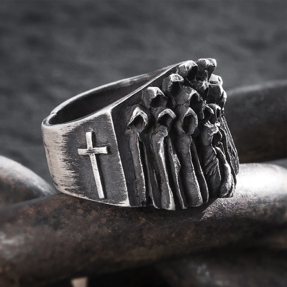 Real Solid 999 Sterling Silver Rings Cross Irregular Skulls Gothic Jewelry Open Size 8-11