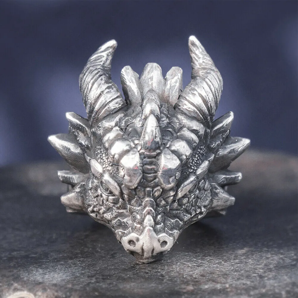Real Solid 999 Sterling Silver Rings Dragon Animals Gothic Punk Jewelry Open Size 8-10
