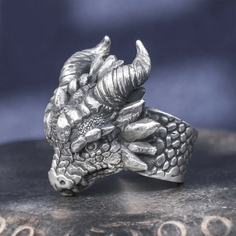 Real Solid 999 Sterling Silver Rings Dragon Animals Gothic Punk Jewelry Open Size 8-10