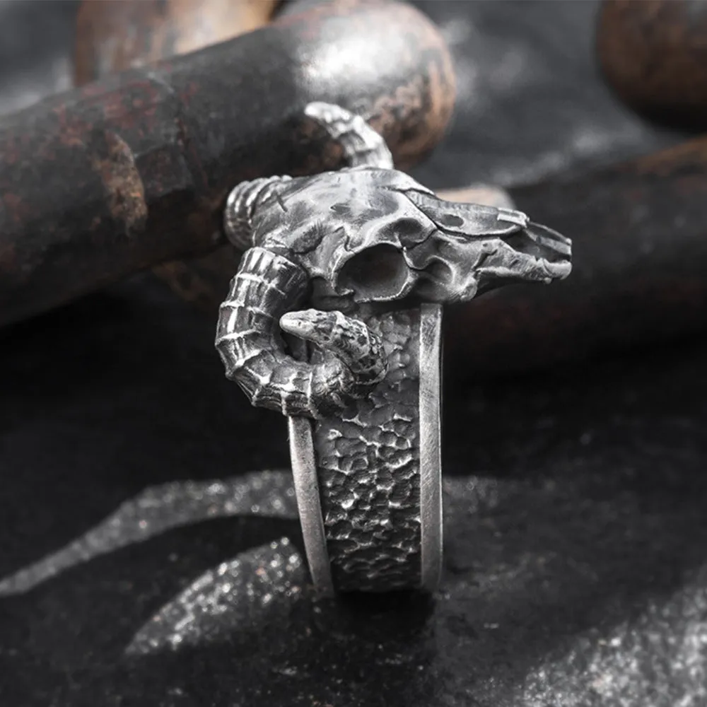 Real Solid 999 Sterling Silver Rings Skull Ram Head Horn Animals Gothic Punk Jewelry Open Size 8-10