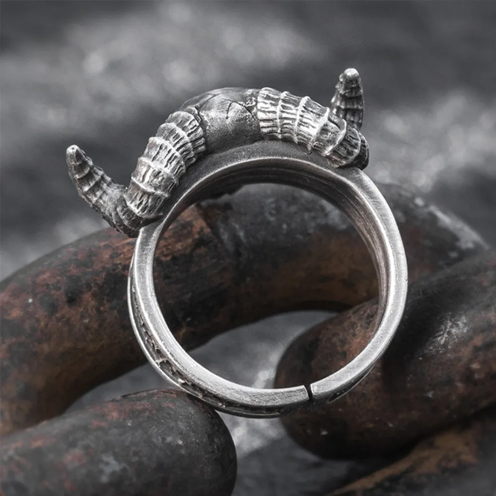 Real Solid 999 Sterling Silver Rings Skull Ram Head Horn Animals Gothic Punk Jewelry Open Size 8-10