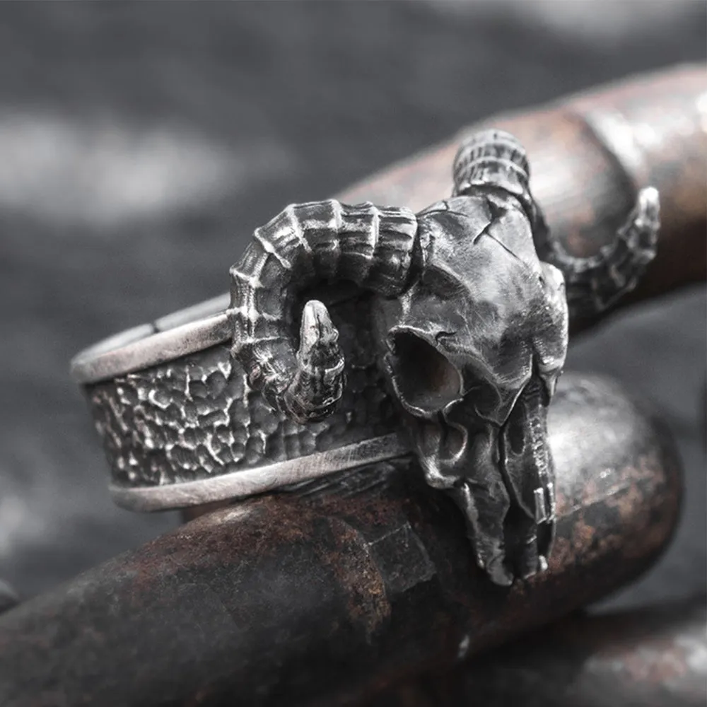 Real Solid 999 Sterling Silver Rings Skull Ram Head Horn Animals Gothic Punk Jewelry Open Size 8-10