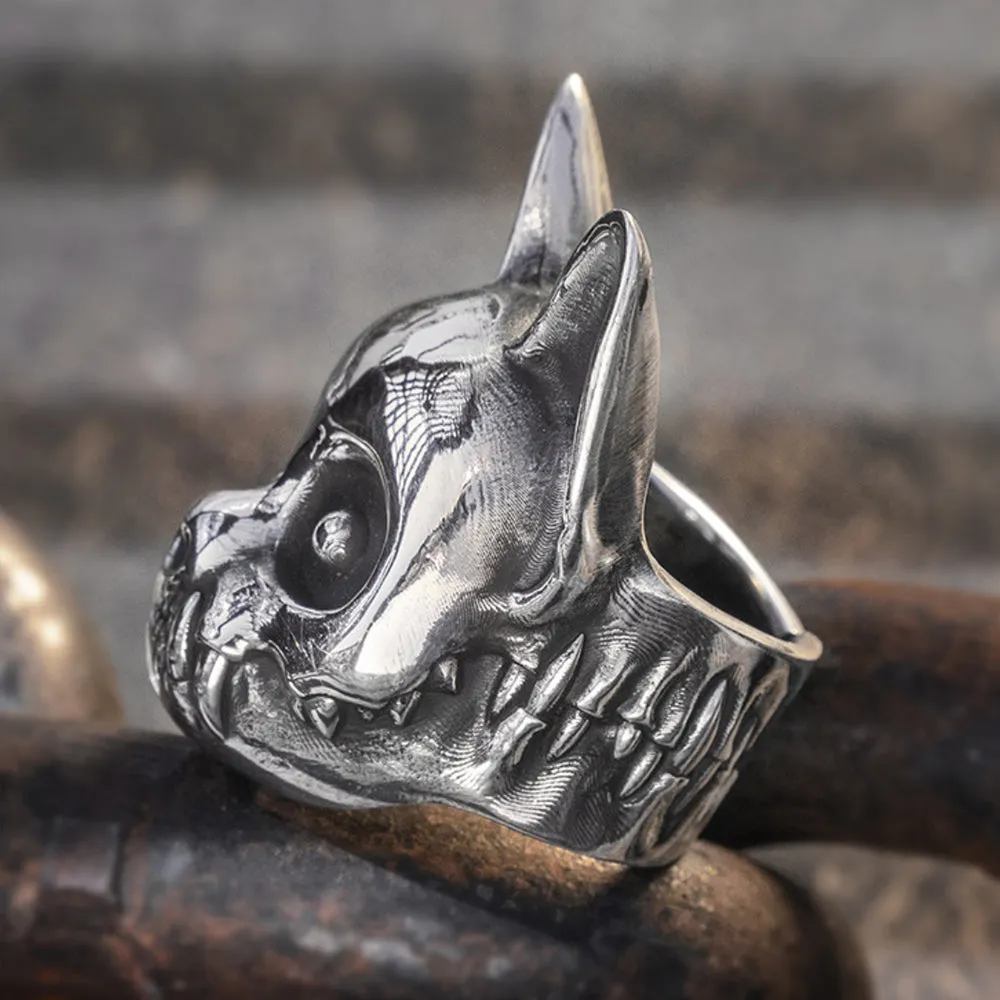 Real Solid 999 Sterling Silver Rings Tengu Skull Wolf Animals Gothic Punk Jewelry Open Size 8-11