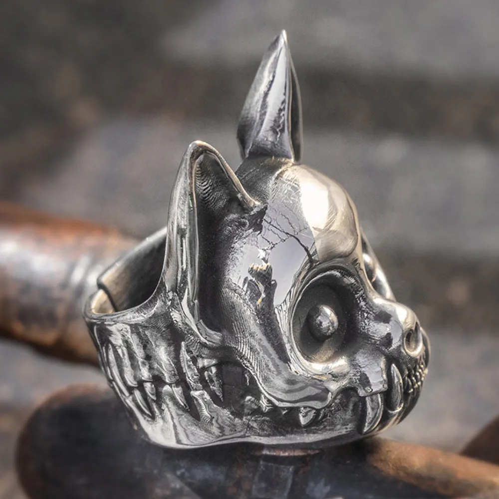Real Solid 999 Sterling Silver Rings Tengu Skull Wolf Animals Gothic Punk Jewelry Open Size 8-11
