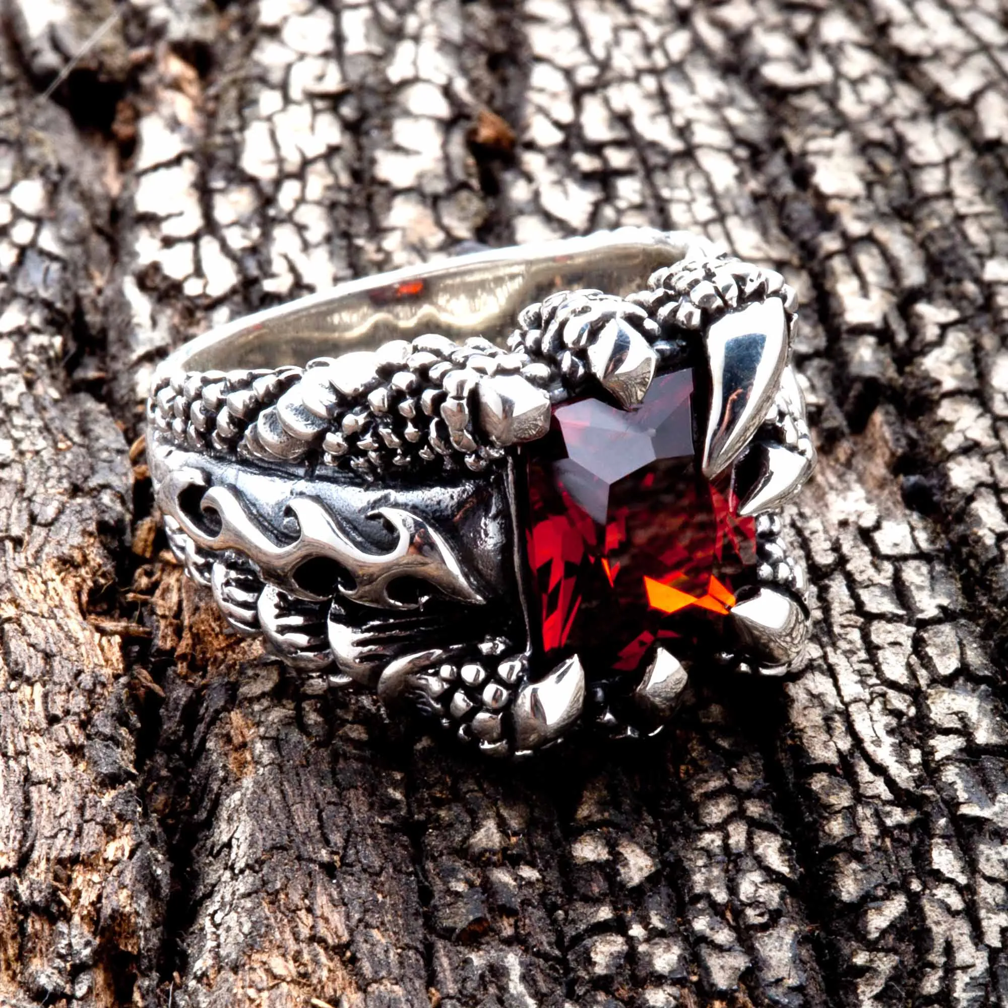 Red Garnet Claw 925 Sterling Silver Gothic Ring
