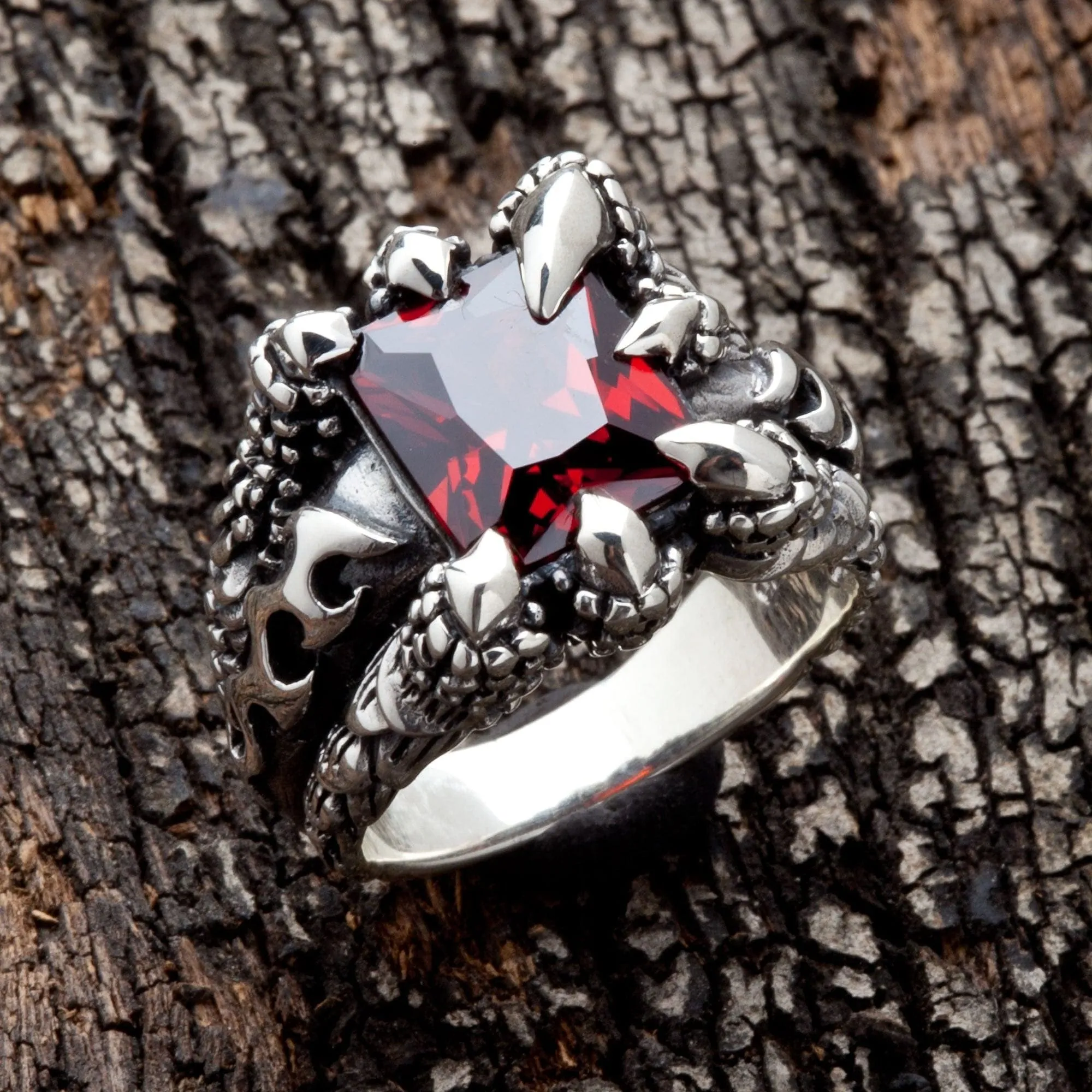 Red Garnet Claw 925 Sterling Silver Gothic Ring
