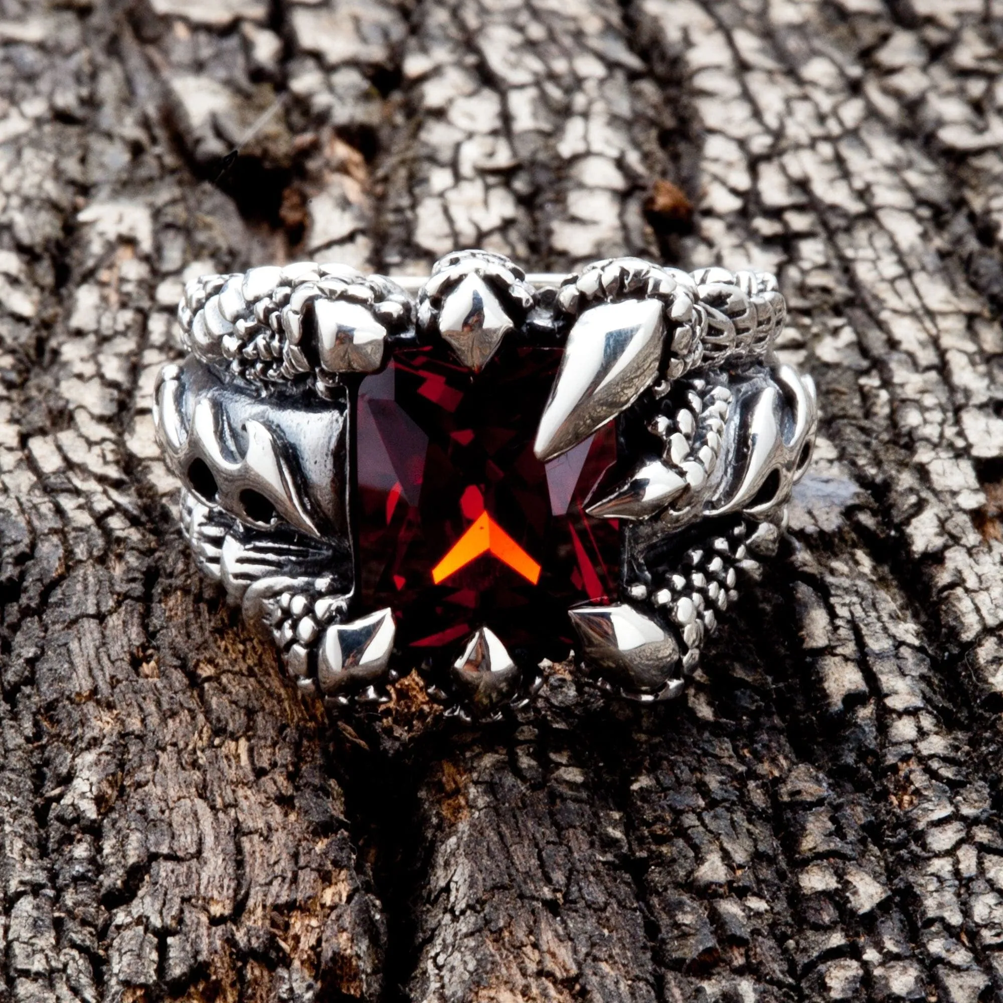 Red Garnet Claw 925 Sterling Silver Gothic Ring