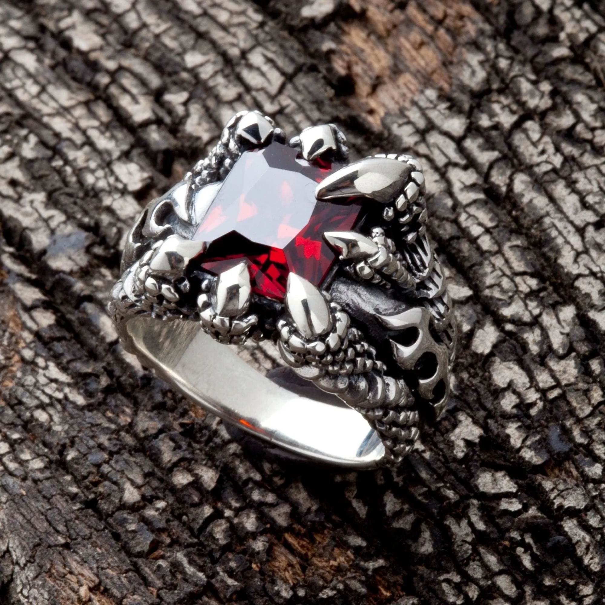 Red Garnet Claw 925 Sterling Silver Gothic Ring