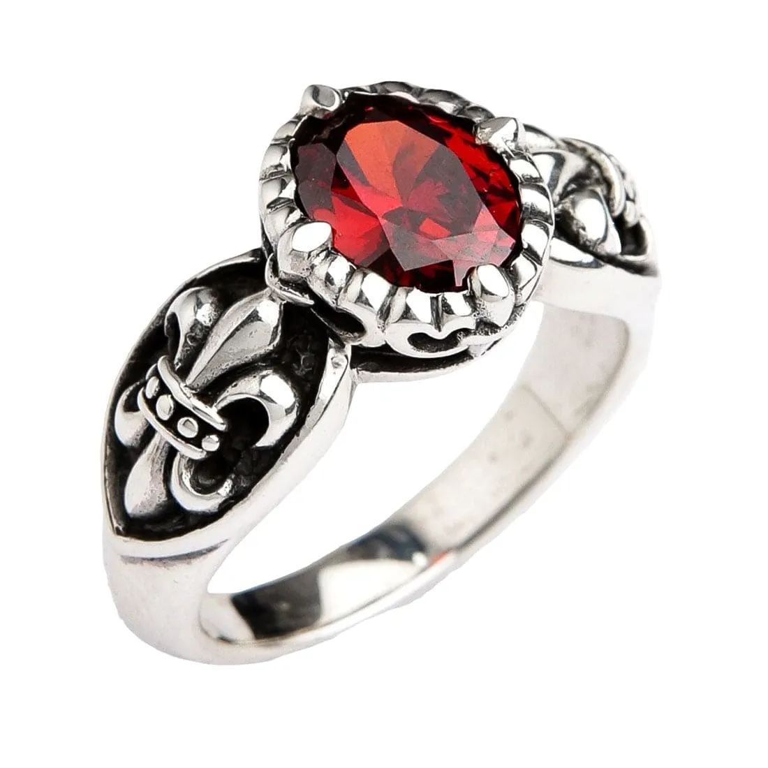 Red Garnet Medieval Fleur De Lis Sterling Silver Gothic Ring