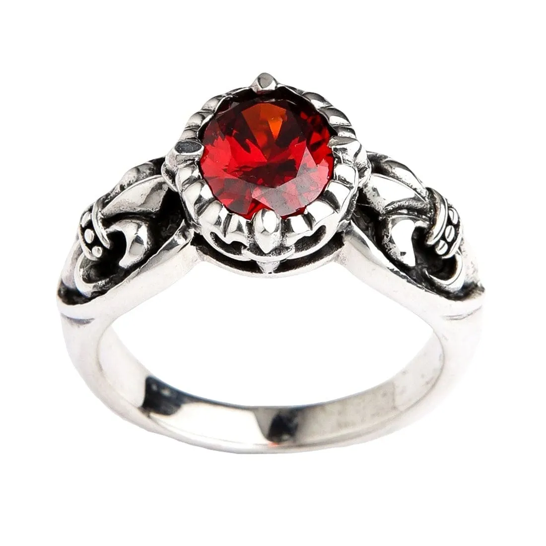 Red Garnet Medieval Fleur De Lis Sterling Silver Gothic Ring