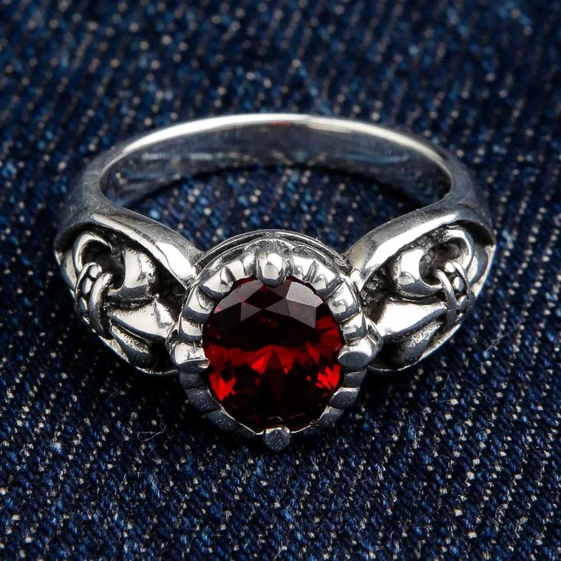 Red Garnet Medieval Fleur De Lis Sterling Silver Gothic Ring
