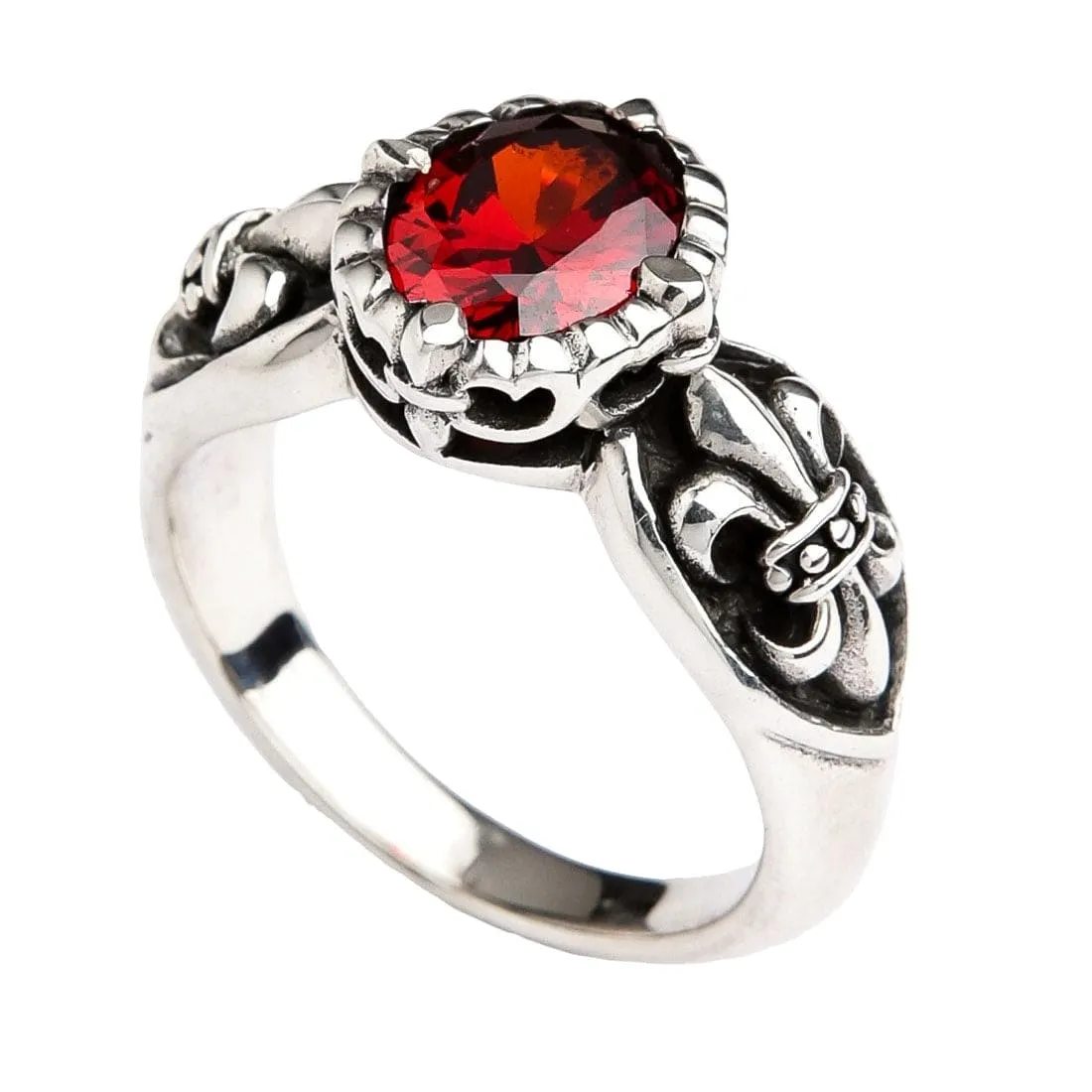 Red Garnet Medieval Fleur De Lis Sterling Silver Gothic Ring