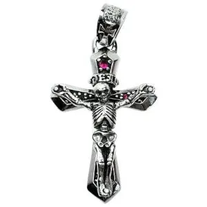 Red Ruby Skull Skeleton Cross Sterling Silver Biker Pendant