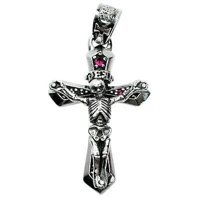 Red Ruby Skull Skeleton Cross Sterling Silver Biker Pendant