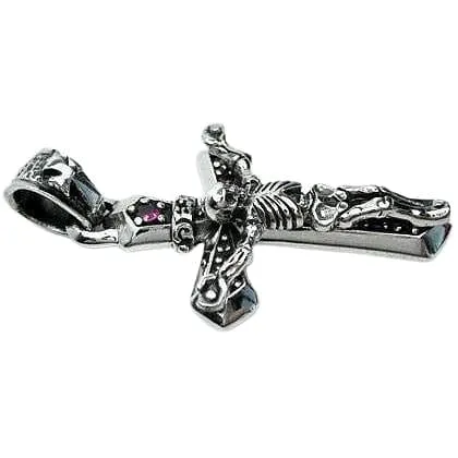 Red Ruby Skull Skeleton Cross Sterling Silver Biker Pendant