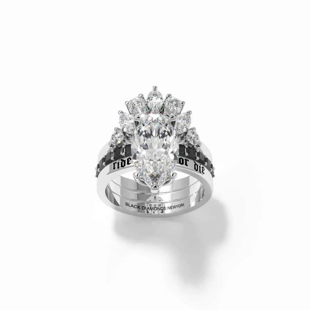 Ride or Die Wedding Rings- 2.5 Ct Marquise Cut Diamond Gothic Bridal Set in 14K White Gold